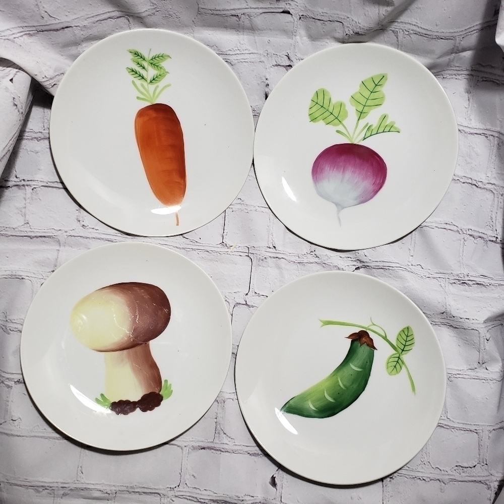 Saks Fifth Avenue Hand Painted Vegetable Salad Plates Set of 4 Vintage Japan MCM